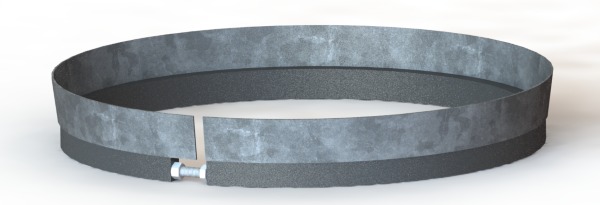 Rendering of a Type I adjustable manhole riser, showing the overlapping band joint and bolt that expand the ring to fit